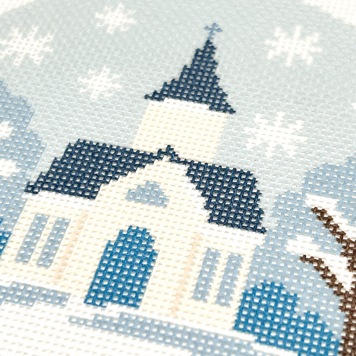 Blue & White Christmas Church Needlepoint Canvas