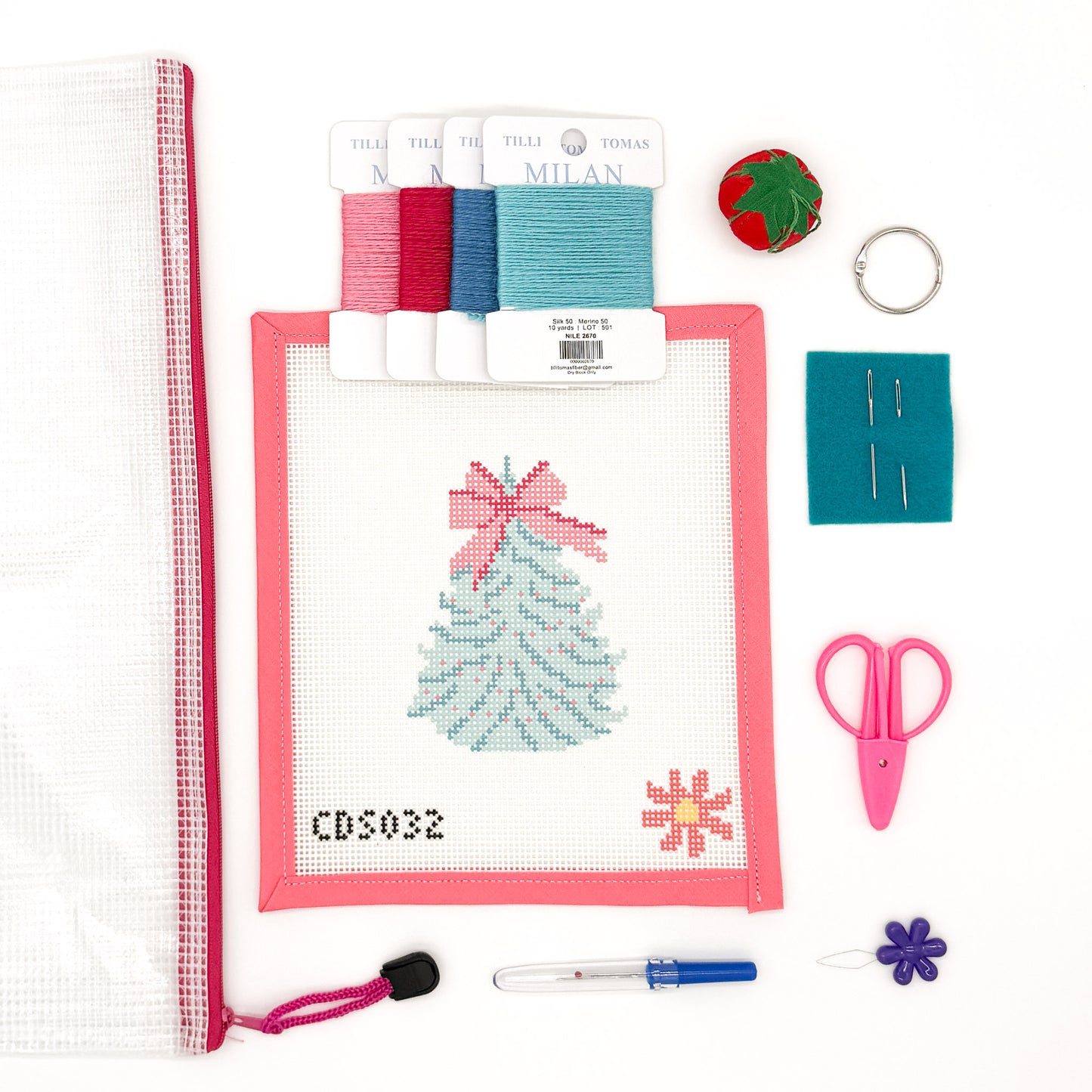 Aqua & Pink Christmas Tree Beginner Needlepoint Kit