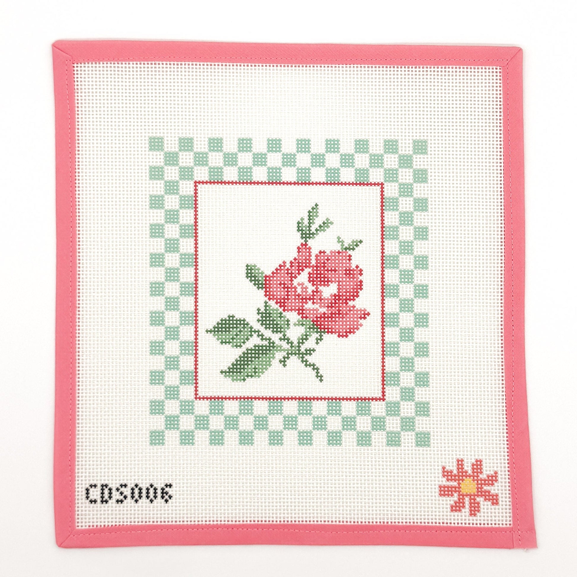 Coral Rose with Checks Needlepoint Canvas