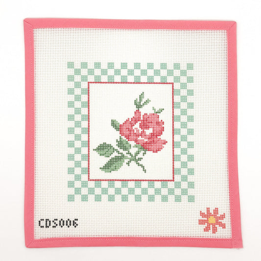Coral Rose with Checks Needlepoint Canvas