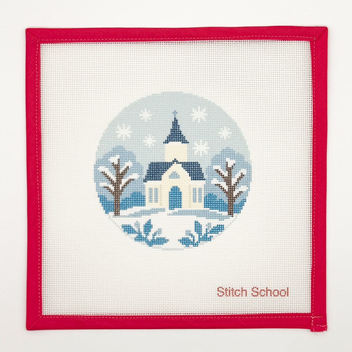 Blue & White Christmas Church Needlepoint Canvas