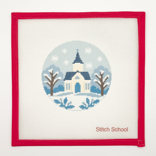 Blue & White Christmas Church Needlepoint Canvas