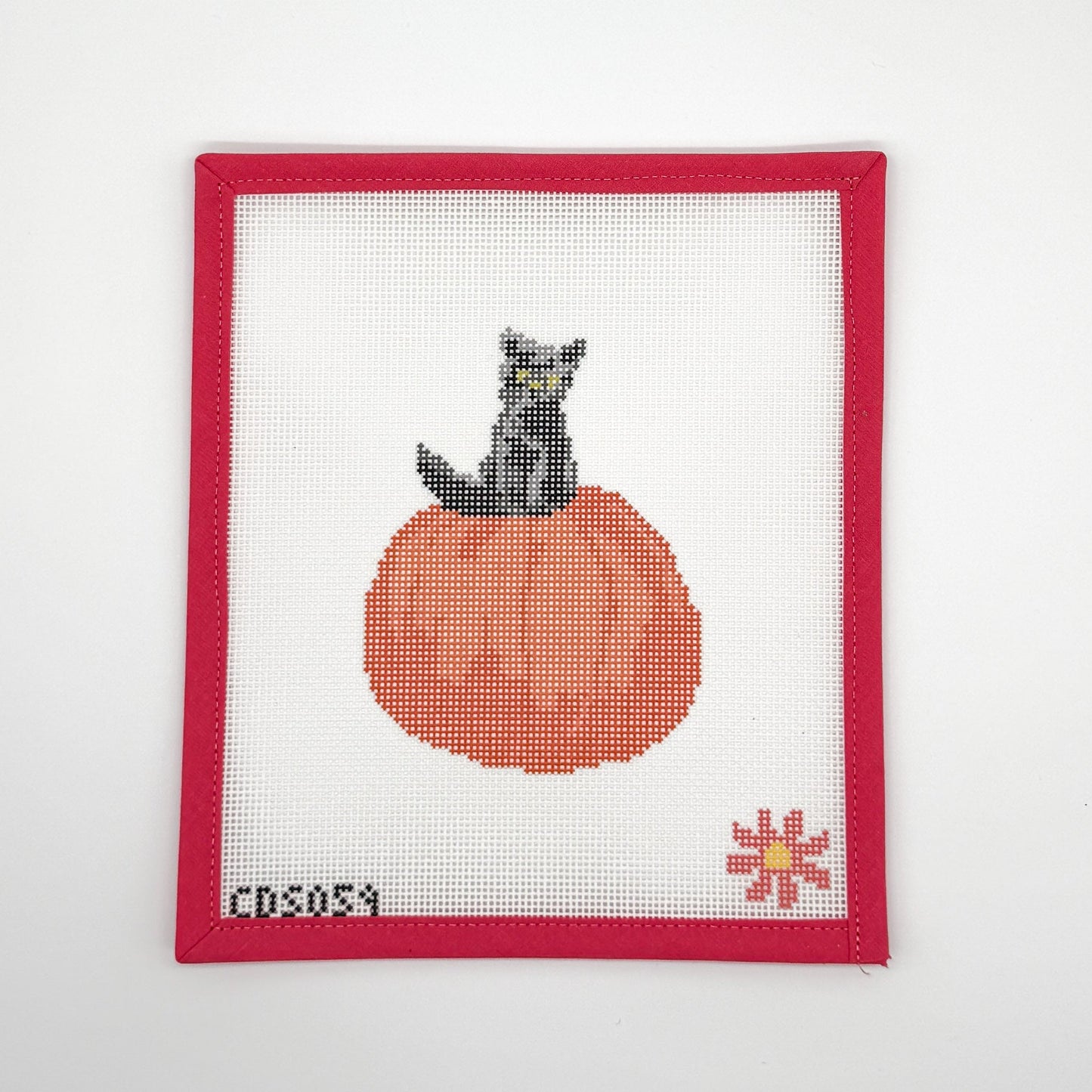 Black cat perched on a pumpkin Halloween needlepoint canvas, 14 mesh