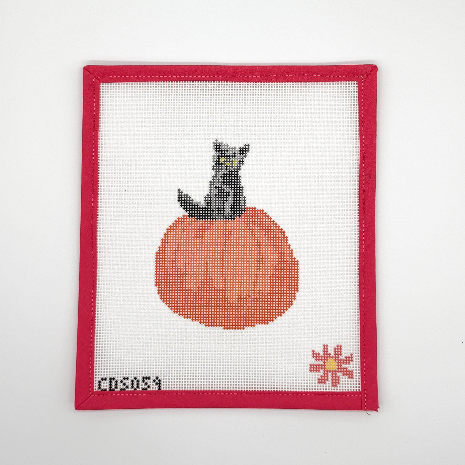 Black cat perched on a pumpkin Halloween needlepoint canvas, 14 mesh