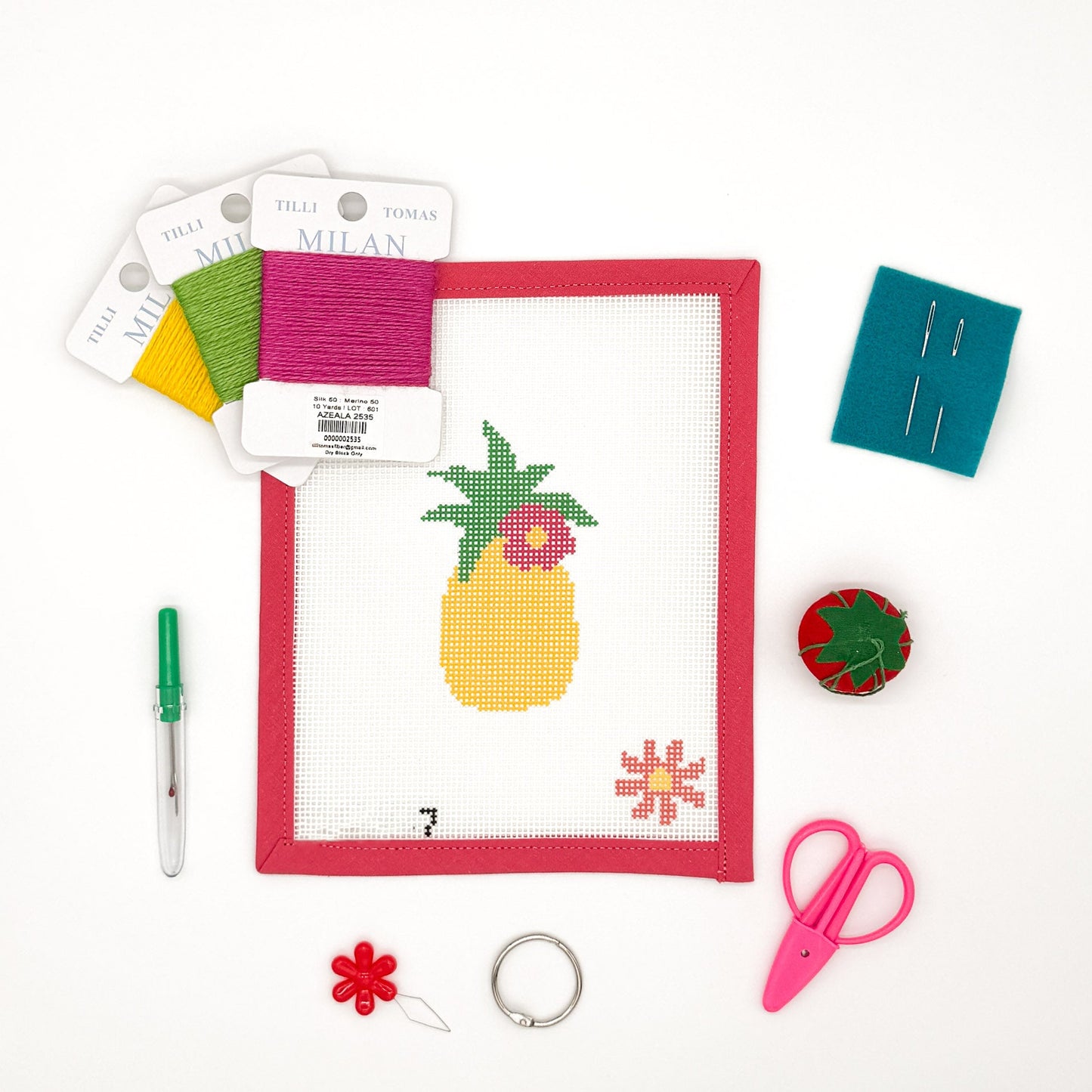 Needlepoint kit with pineapple design and related crafting supplies on a white background